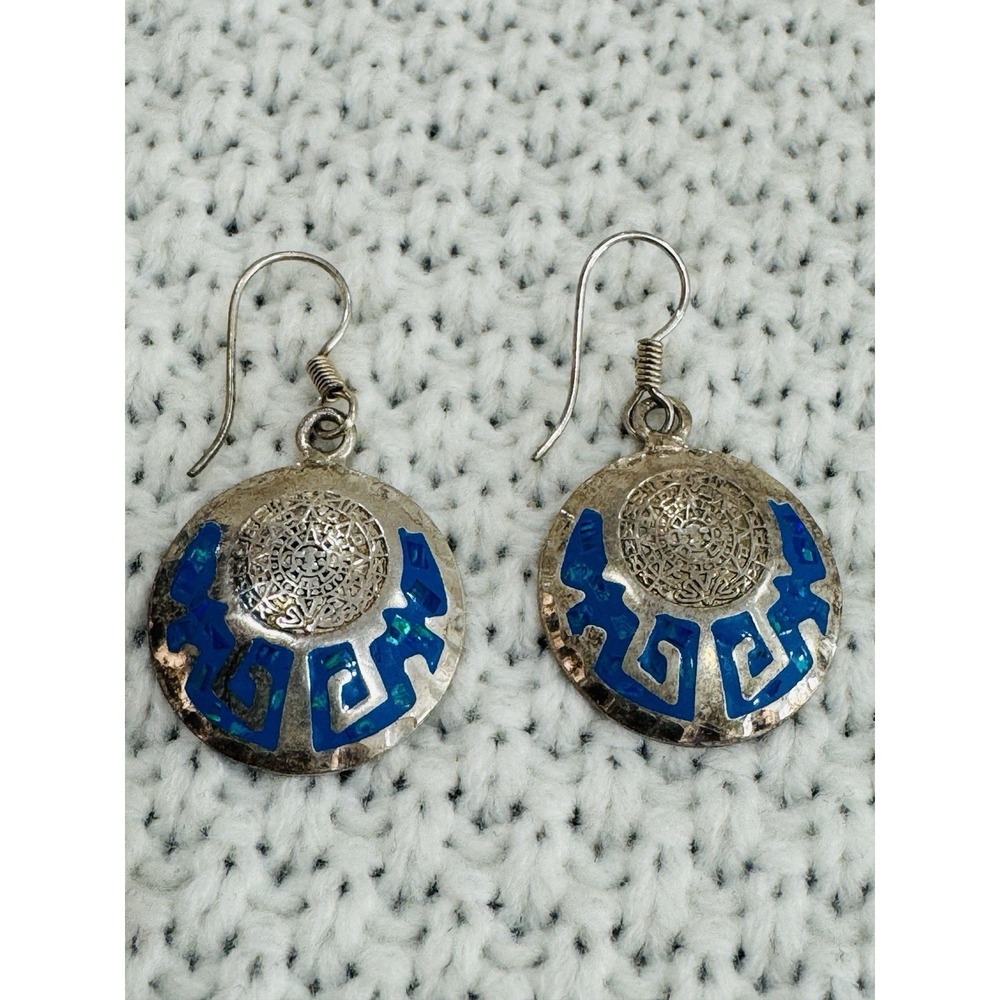 Vintage Mexican Aztec Calendar Faux Opal Blue Inlay Round Dangle Earrings